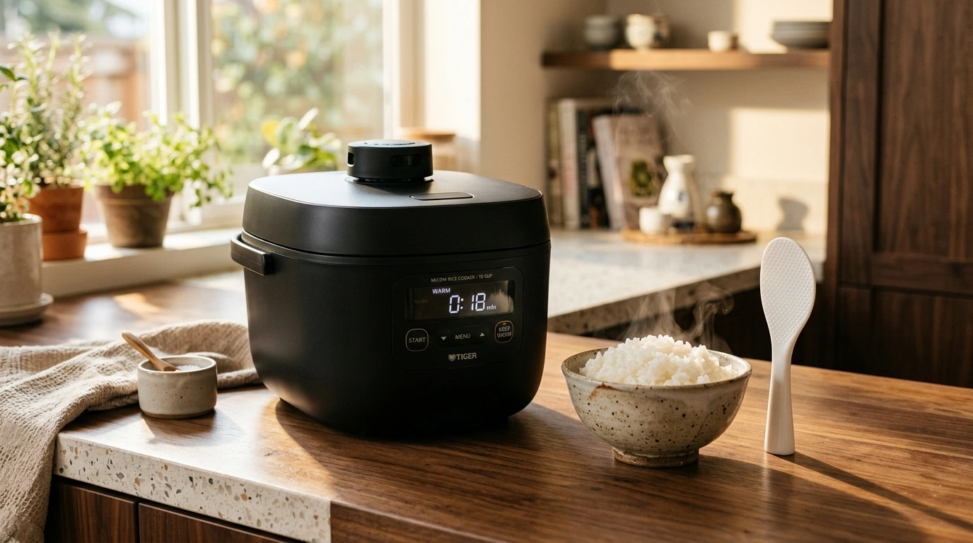 Best small rice cooker 3-cup comparison on a compact wooden kitchen counter with a bowl of steamed rice