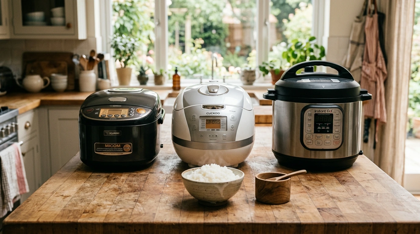 Three types of rice cookers side by side on a wooden kitchen island