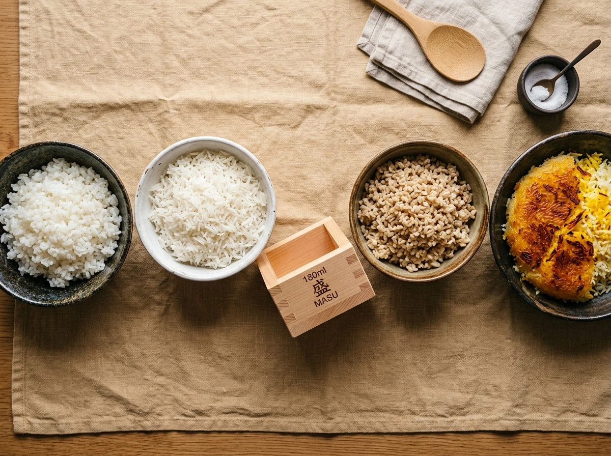 Four bowls of cooked rice varieties with a 180ml wooden masu rice measuring cup
