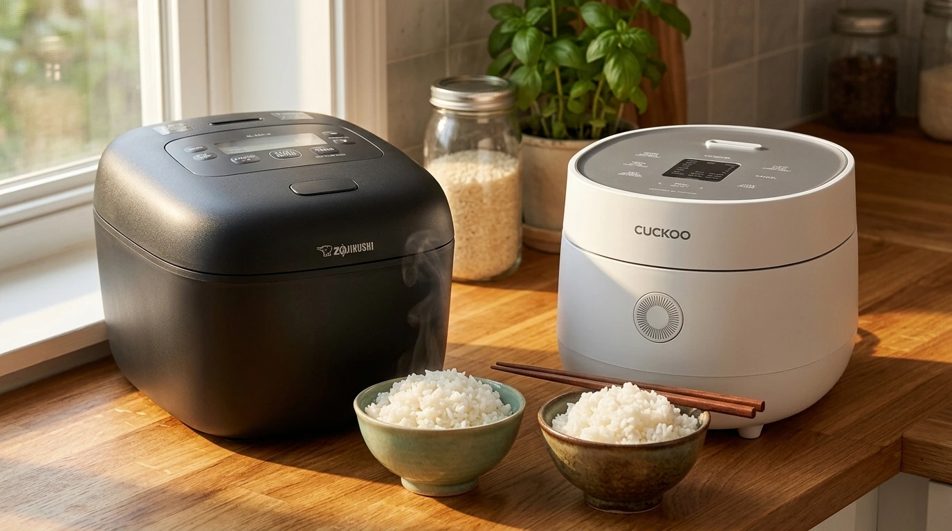 Matte-black Zojirushi NL-EAC18 and white Cuckoo CR-0675F rice cookers side by side on a sunlit wooden counter with bowls of steamed rice