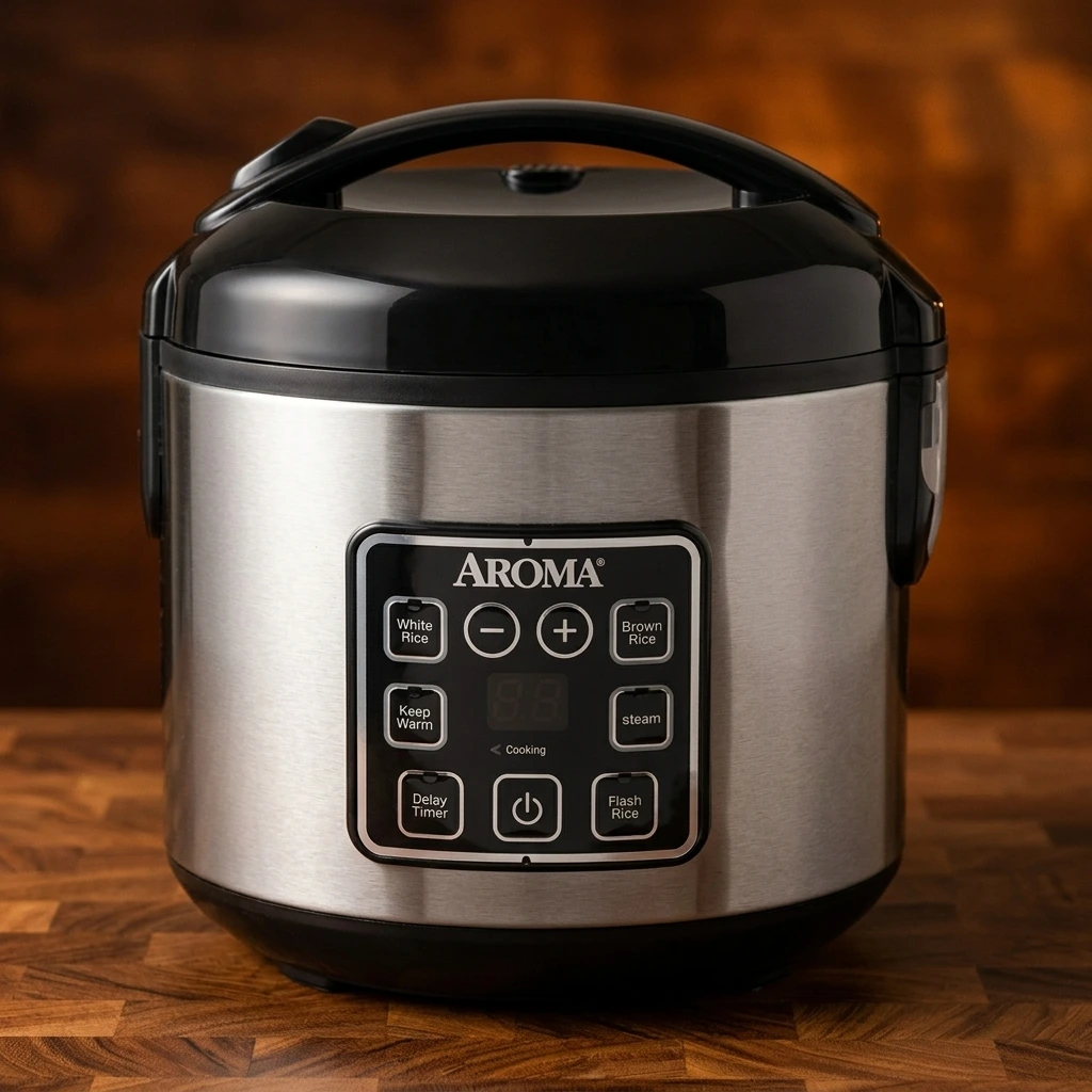 Stainless steel and black Aroma ARC-914SBD 4-cup uncooked (8-cup cooked) digital rice and grain multicooker on a butcher-block counter