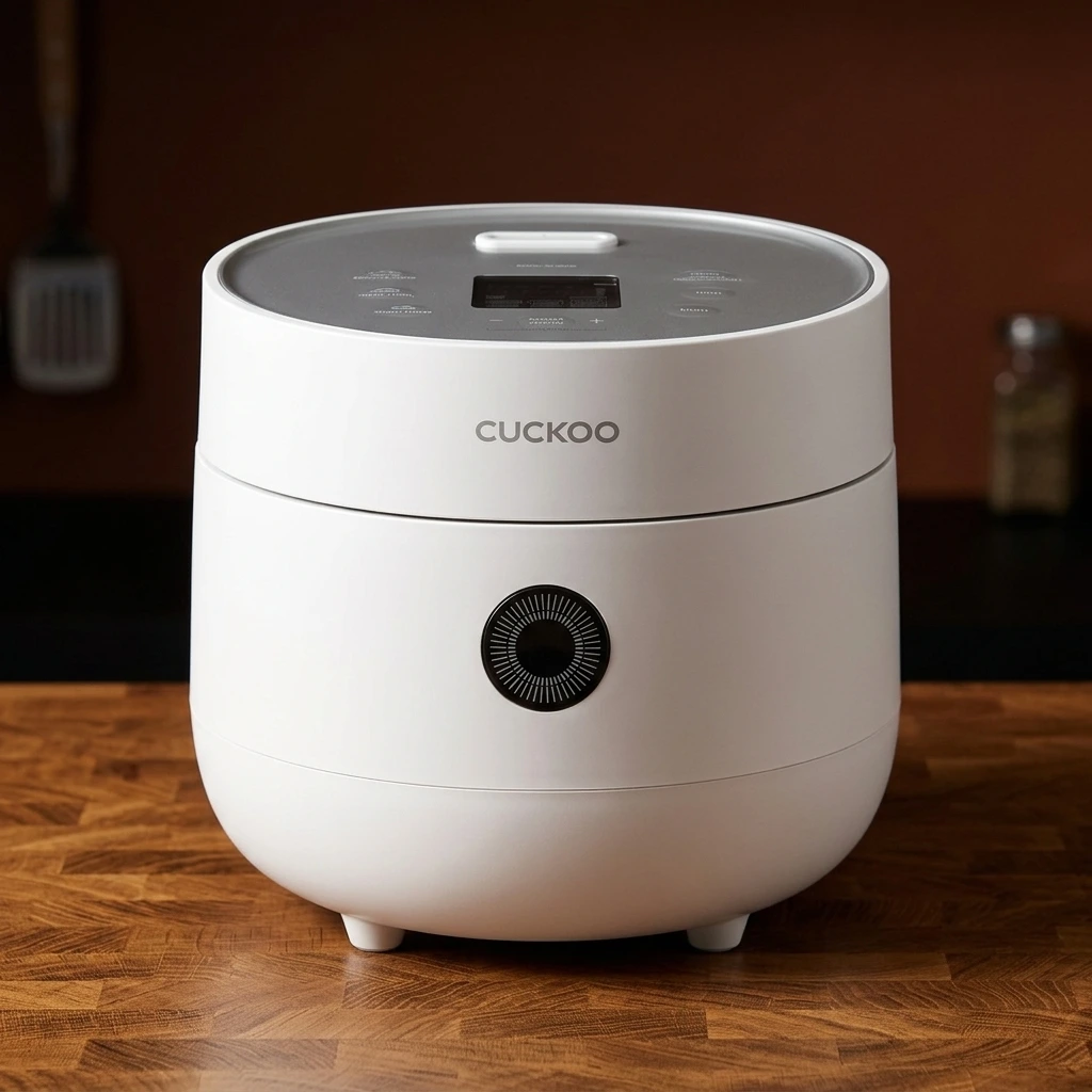 White Cuckoo CR-0675F 6-cup Micom rice cooker with top touch control panel and black front emblem on a butcher-block wooden counter
