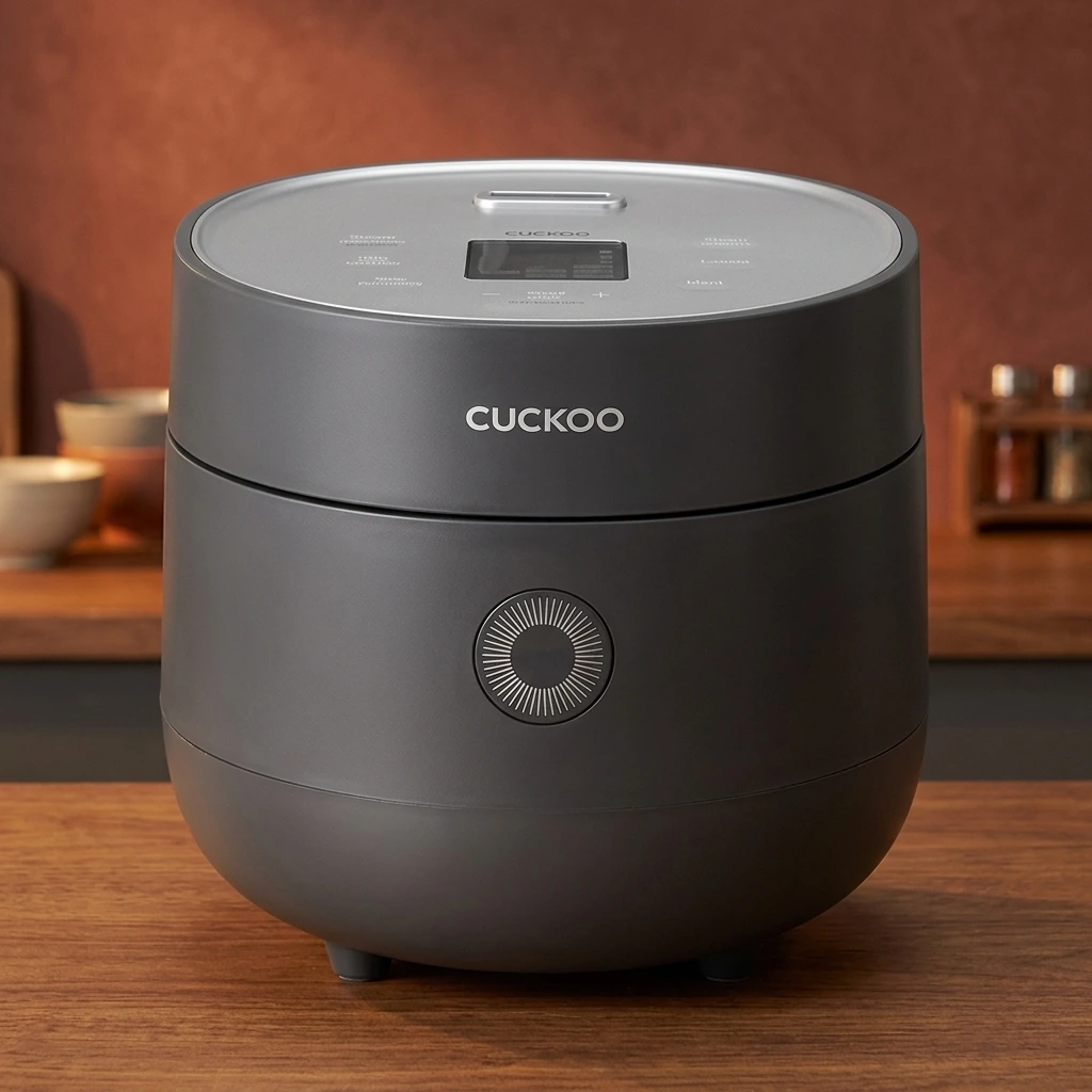 White and silver Cuckoo CRP-RT0609FW 6-cup Twin Pressure Induction Heating (IH) Korean rice cooker on a butcher-block counter with a bowl of steamed rice