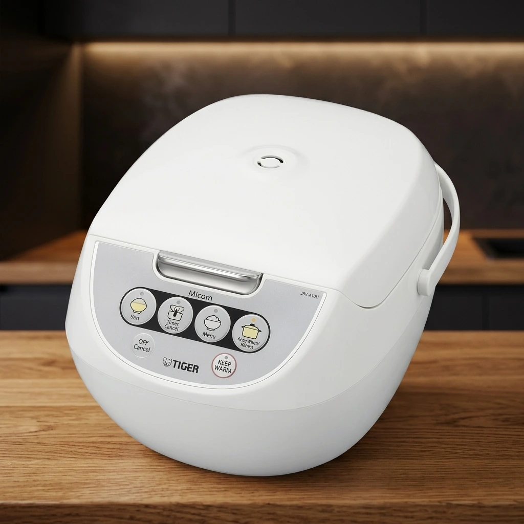 White Tiger JBV-A10U 5.5-cup Micom rice cooker with 4-button Tacook synchro-cooking panel on an oak countertop
