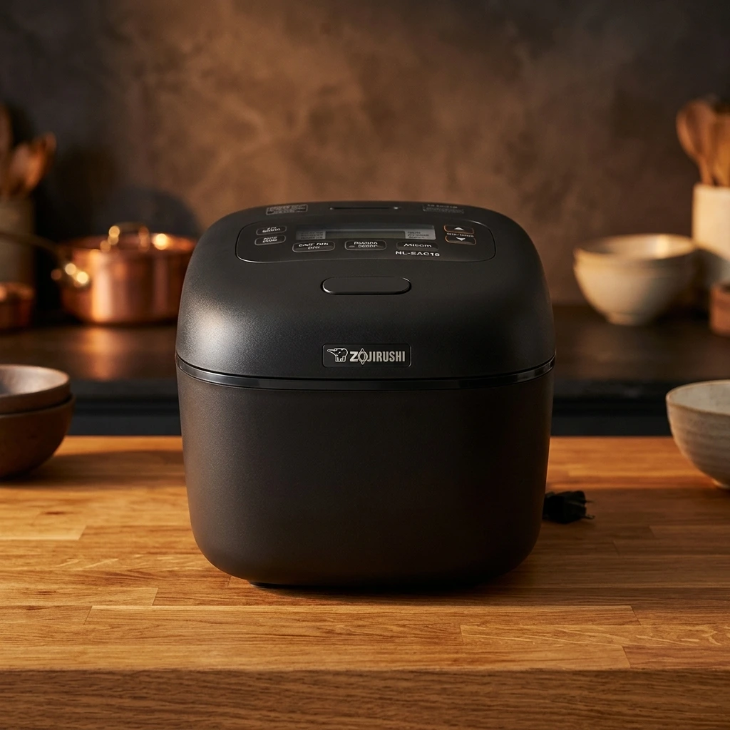 Matte-black Zojirushi NL-EAC18BA 10-cup Micom rice cooker with flat top LCD control panel on a warm wooden kitchen counter